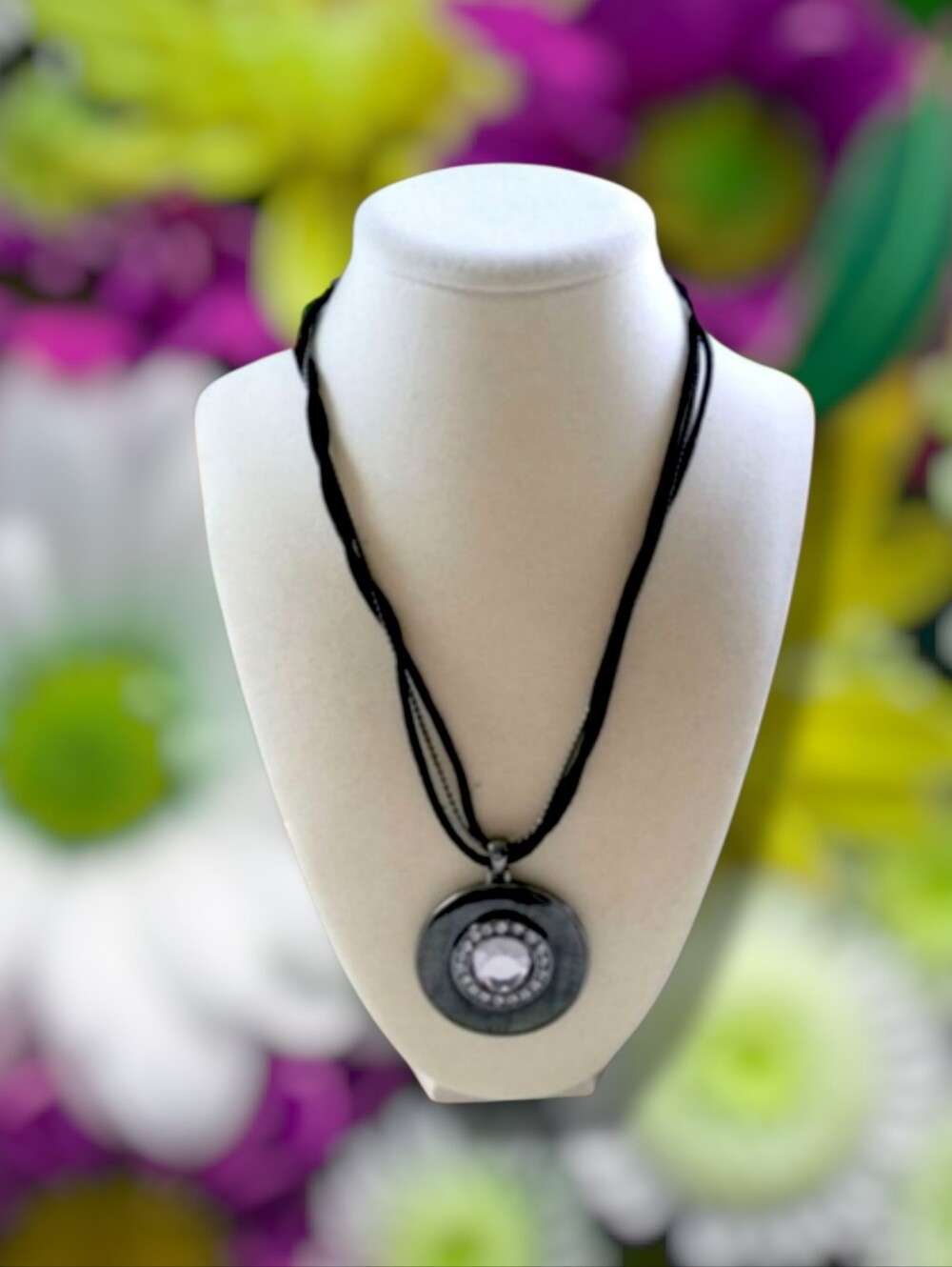 Elegant Black/Dark Green Large Rhinestone Crystal Medallion Necklace